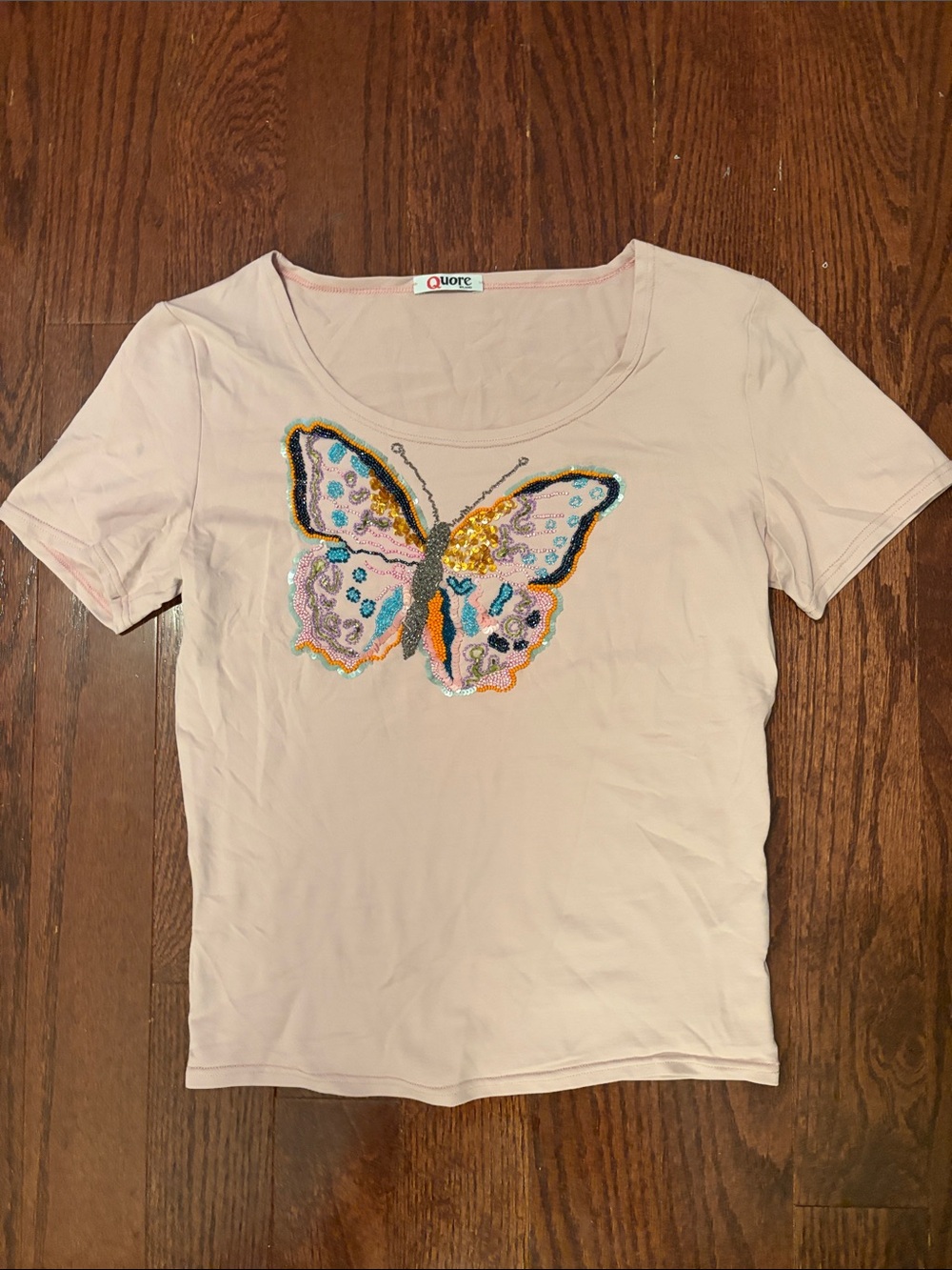 Pink Butterfly Embroidered Sequin Scoop Neck Baby Tee